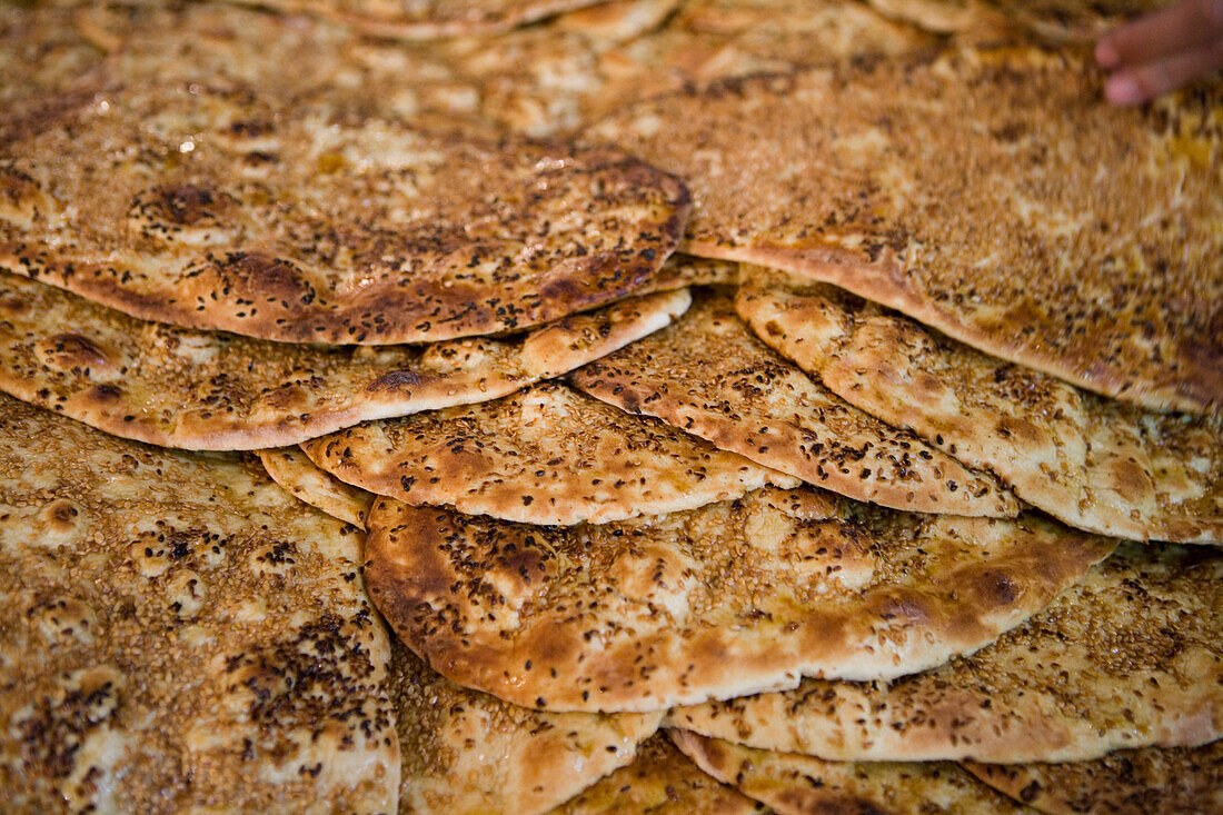 Close up of special Ramadan bread for sale at an Aleppo Souq, Aleppo, Syria, Asia