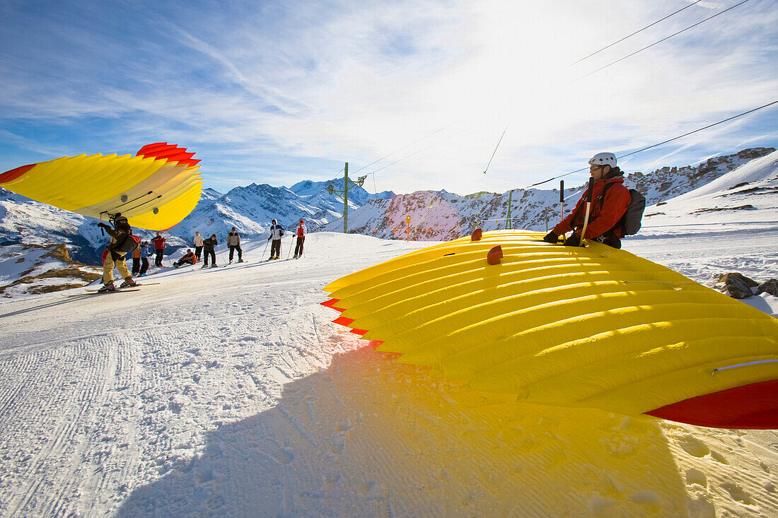 Skier with Woopy-Jump on slope, Grimentz, Vallais, Switzerland
