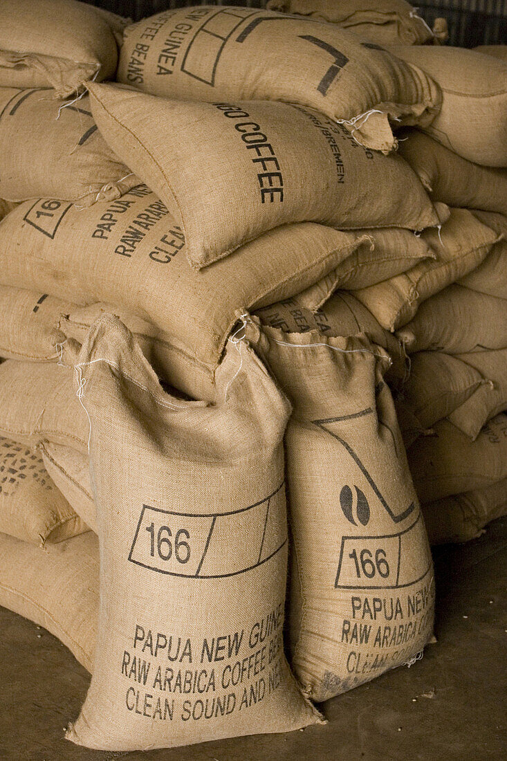 Bags filled with coffee beans, Coffee plantation, Langila, Highlands, Papua New Guinea, Oceania
