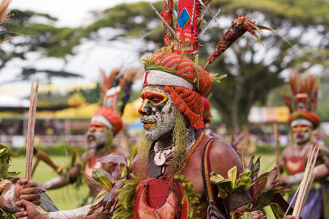 Men wearing headdress at Singsing Dance, Lae, Papue New Guinea, Oceania