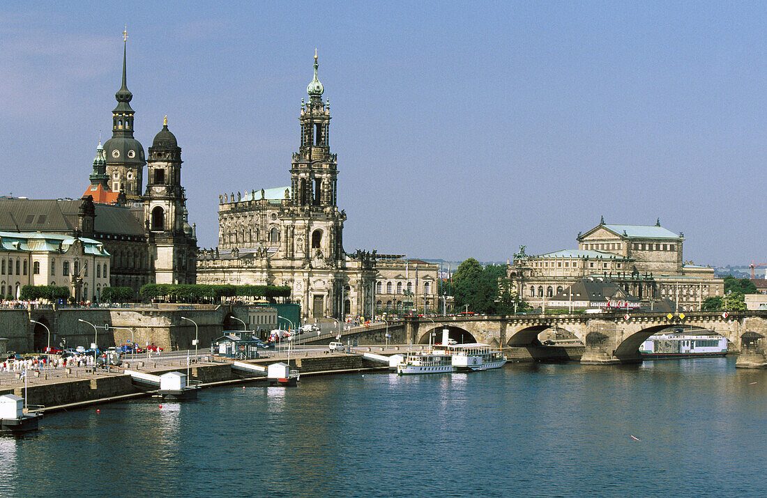 Elbe River, Hofkirche Cathedral and Semper Opera. Dresden. Saxony. Germany