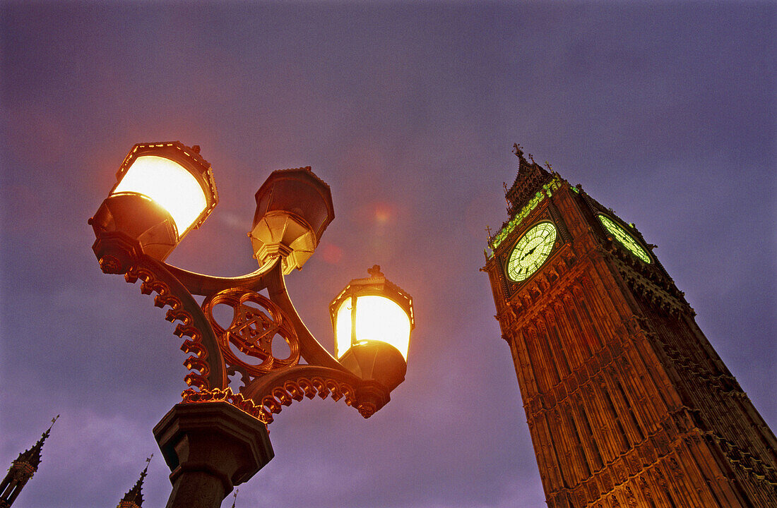 Big Ben tower and street lamp. London. England. UK.