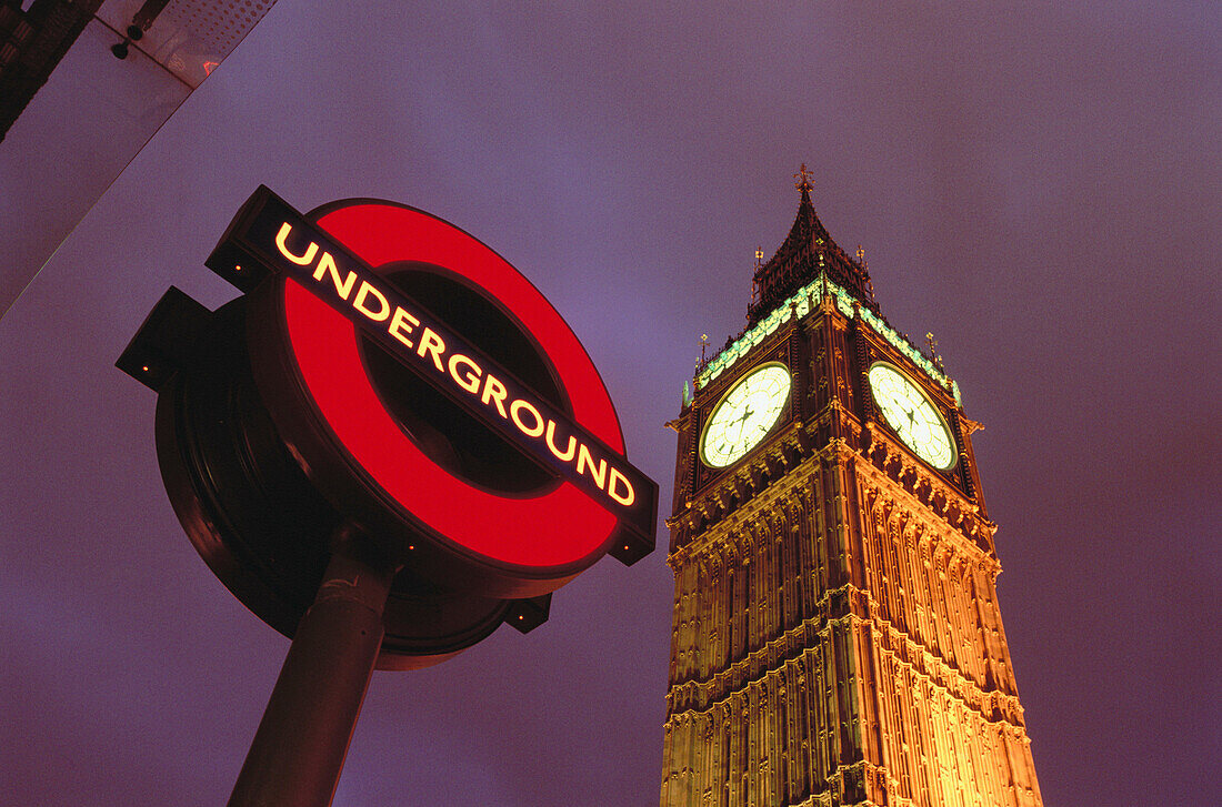 Big Ben tower and underground sign. London. England. UK.