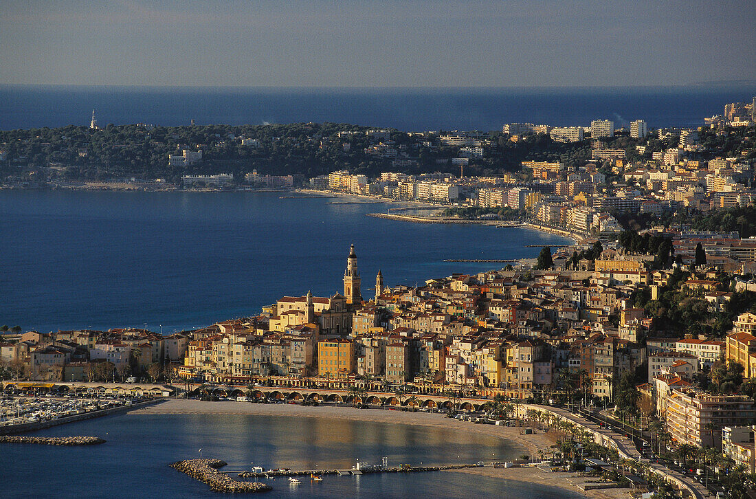 Menton with Cap Martin in the background. Cote d Azur. France