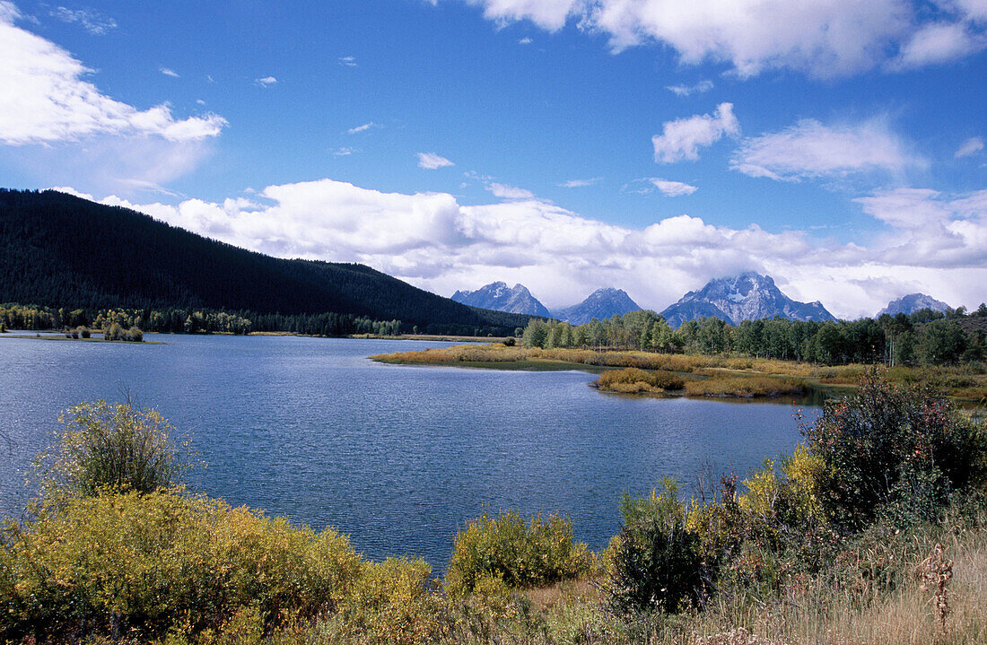 Teton Mountain range, Mount Moran, Snake River and Oxbow Bend. Grand Teton National Park. Wyoming. USA