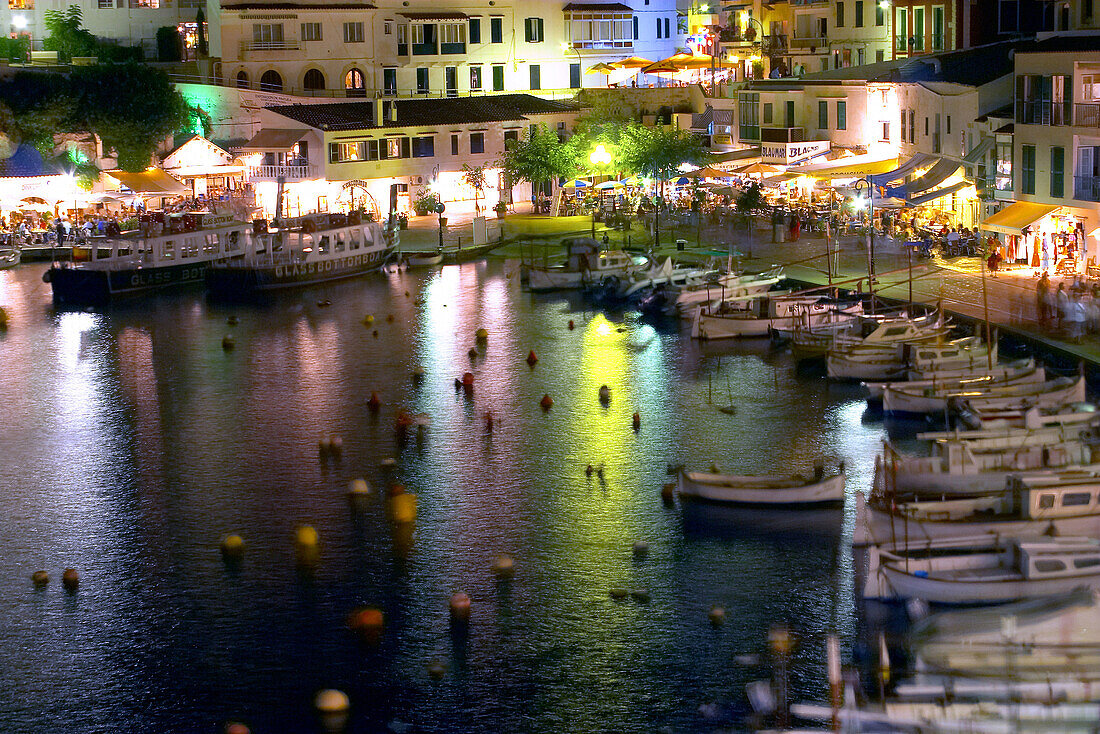 Harbour and touristic area of Cales Fonts at night, Es Castell. Minorca, Balearic Islands. Spain