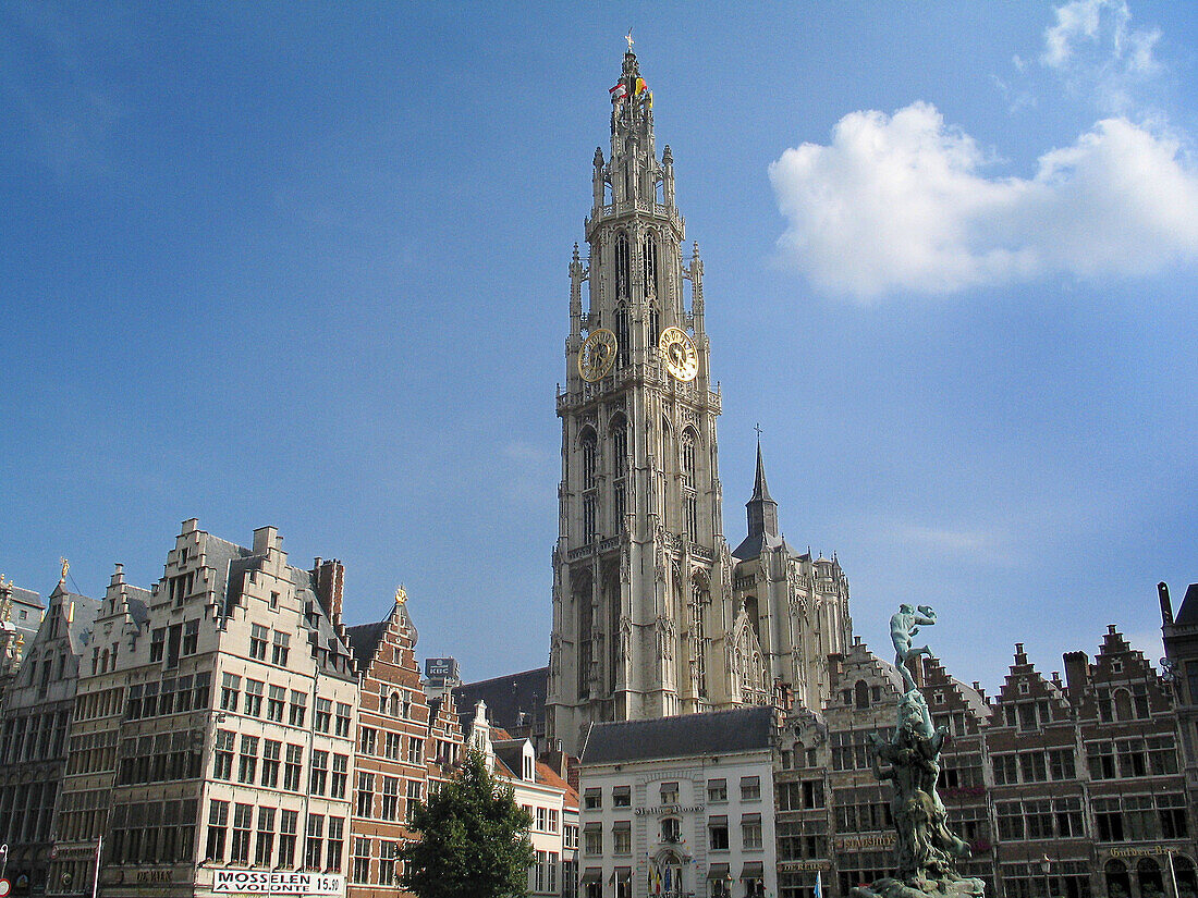 Cathedral of Our Lady and Brabo Fontein at Grote Markt. Antwerp. Belgium