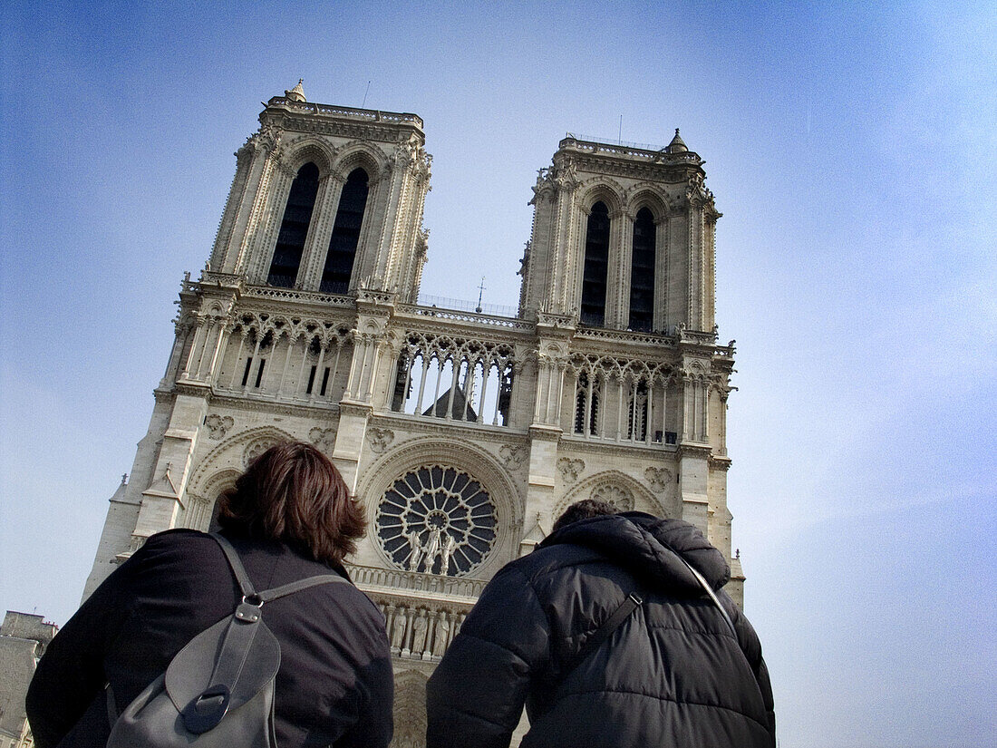 People in front of the Notre Dame cathedral, Paris. France