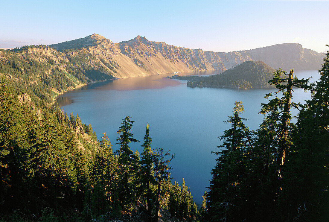 The Watchman, Hillman Peak, Wizard Island and Llao Rock. Crater Lake National Park. Oregon. USA