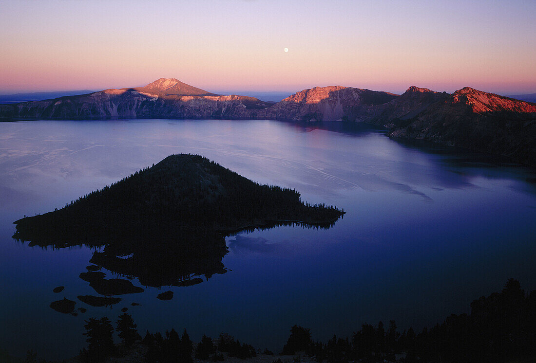 Wizard Island and Mt. Scott from The Watchman, at sunset. Crater Lake National Park. Oregon. USA