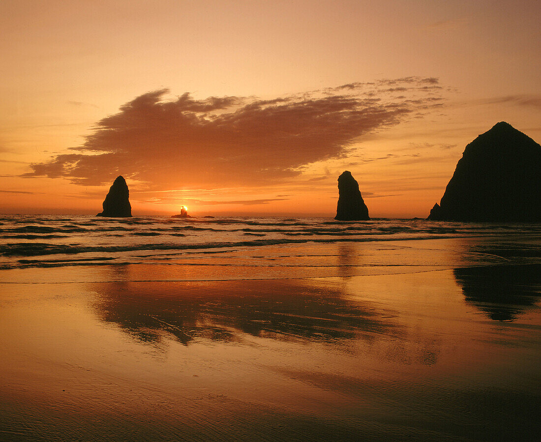 Haystack Rock & the Needles on Cannon Beach at sunset. Oregon. USA