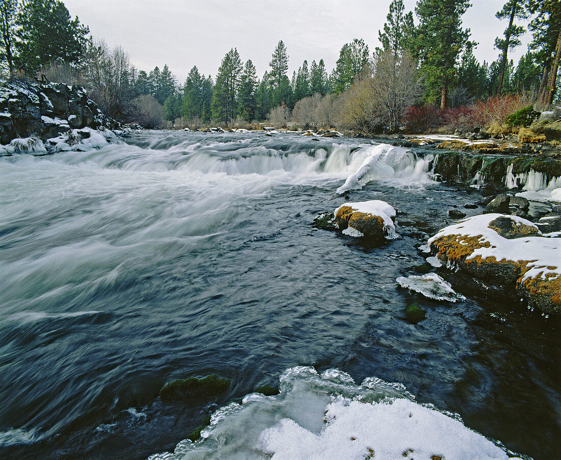 Dillon Falls with ice, Deschutes river. Deschutes National Forest. Oregon. USA.