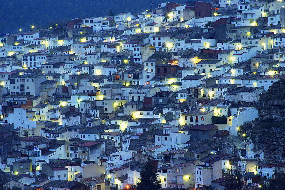 Night view of Alcalá del Júcar. Albacete province, Castilla-La Mancha, Spain