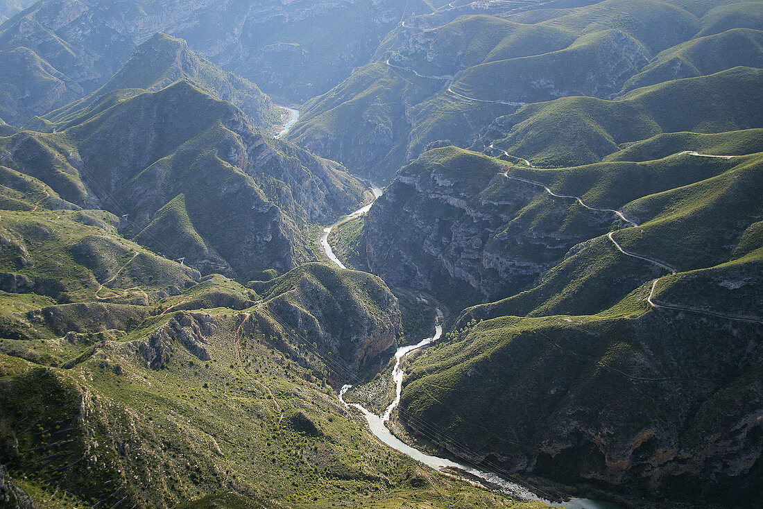 Aerial view of Júcar river between Cortes de Pallás and Dos Aguas. Valencia province, Comunidad Valenciana, Spain