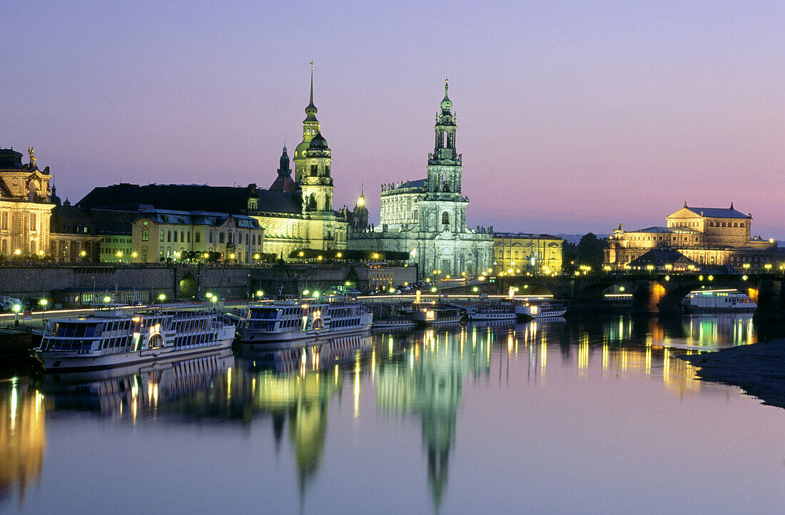 Dresden, Elbe river with Palace, Hofkirche and Semper Opera at night. Dresden, Saxony. Germany.