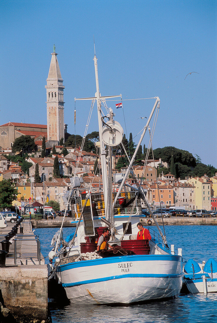Rovinj, city skyline and harbor, fishingboat. Istria region, Croatia.