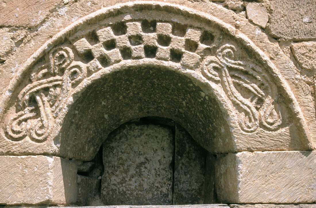 Detail of an arch of the San Felipe church in Vilac. Valle d Aran. Lleida province. Catalonia. Spain.