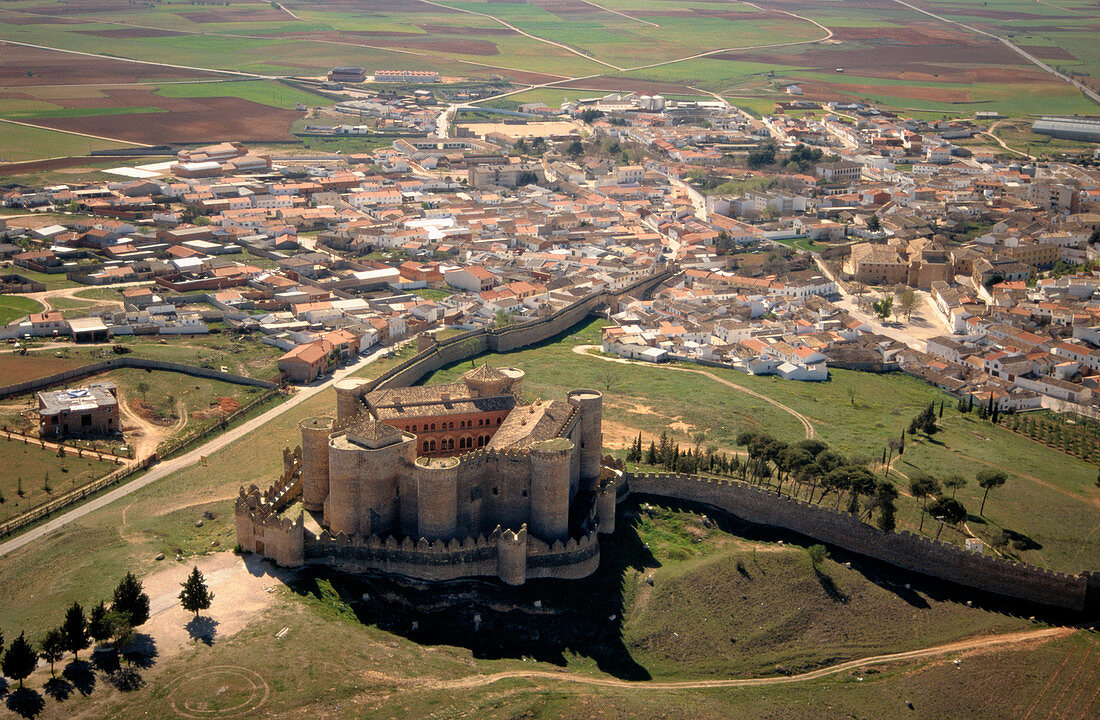 Aerial view of Belmonte and Castle. Cuenca province. Castilla La Mancha. Spain