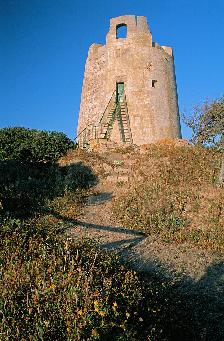 Chia watching tower, by the sea. South Sardinia. Mediterranean sea. Italy