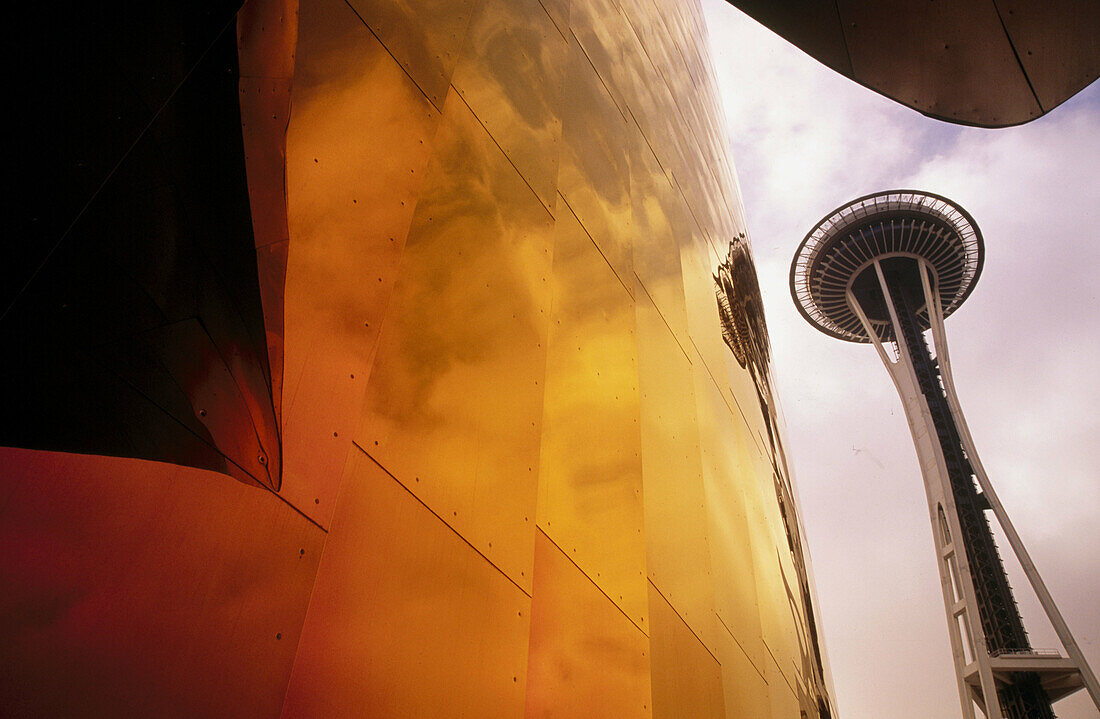 Space Needle seen from modern Experience Music Project building. Seattle. Washington, USA