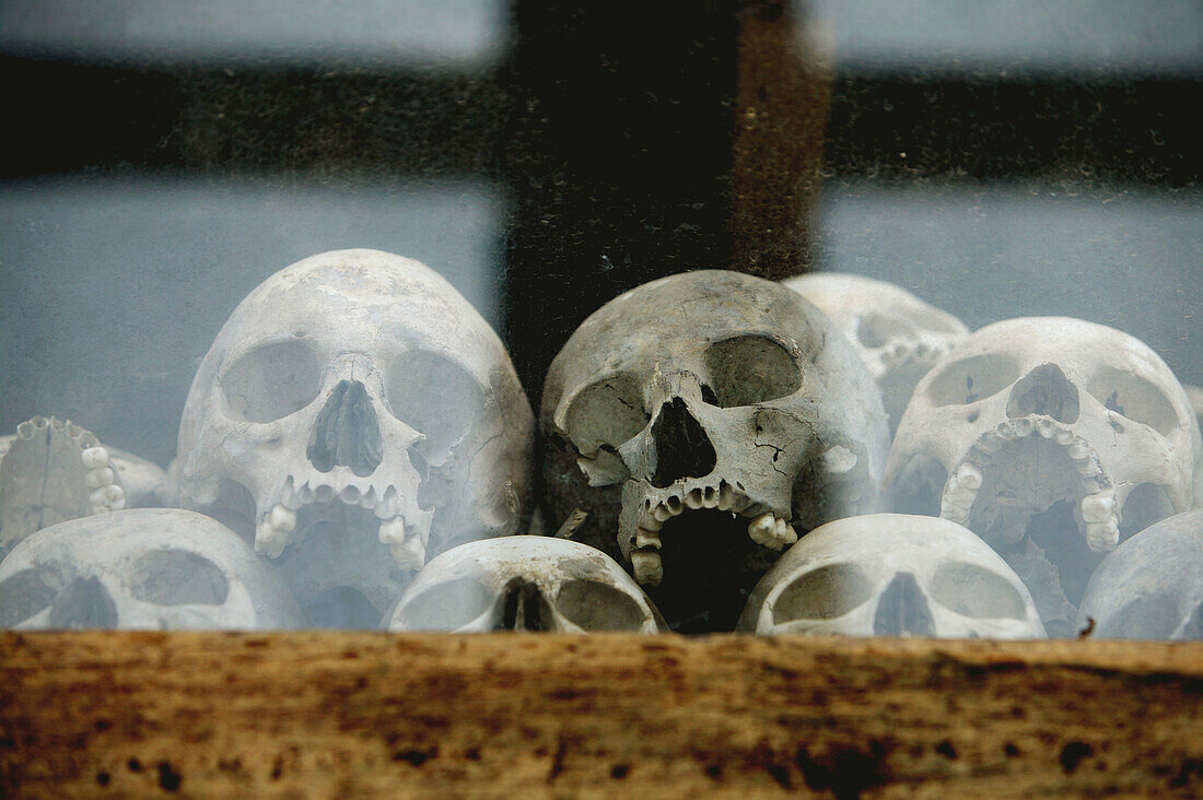 Skulls of the Khmer Rouge s victims exposed in stupa at the Killing Fields Memorial of Choeung Ek, near Phnom Pehn. Cambodia