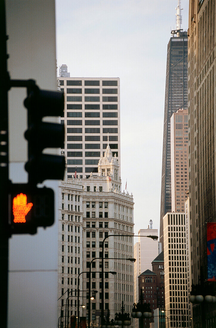 Stop light and High rise buildings, Downtown, Chicago, Illinois, USA