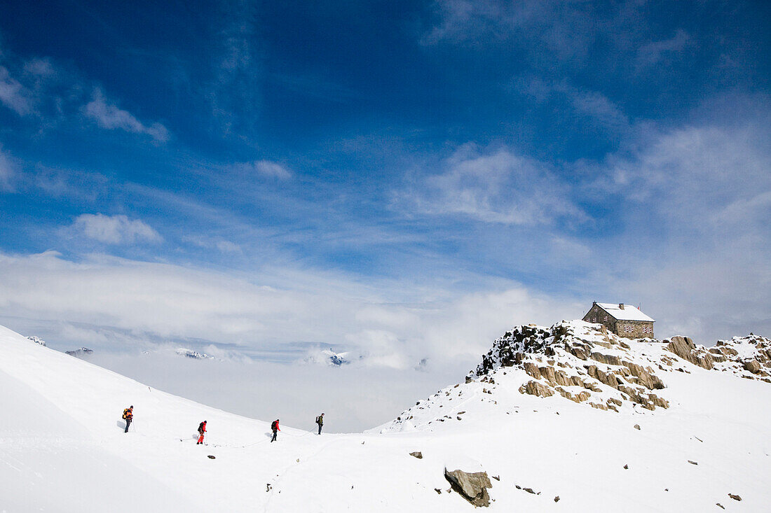 Gruppe Bergsteiger in einer Seilschaft wandern über Gletscher, Tierberglihütte, Berner Oberland, Kanton Bern, Schweiz