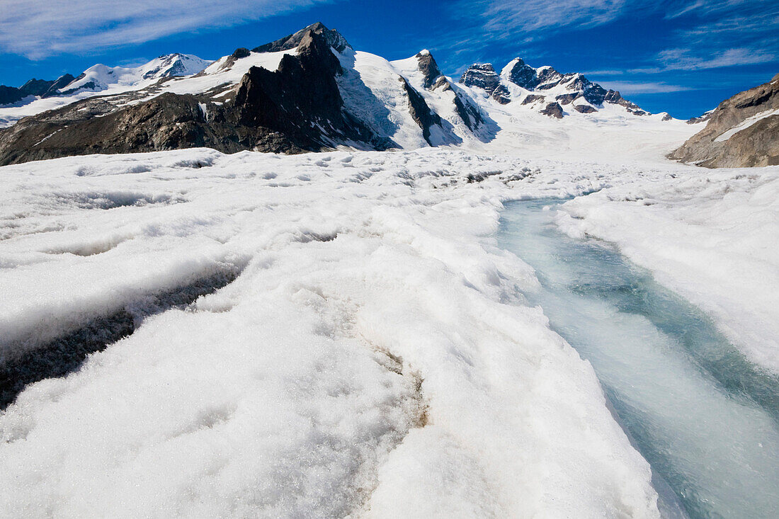 Englacial stream with mount Jungfrau in background, Konkordiaplatz, Canton of Valais, Switzerland