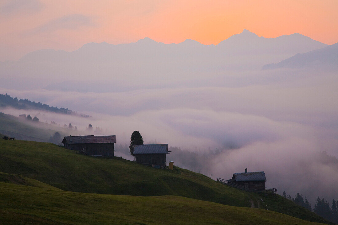 Morning mist and alpine lodges in the morning, Wergenstein, Canton of Grisons, Switzerland
