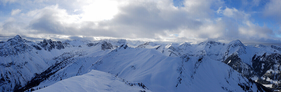 panorama of Allgaeu range in bad weather seen from Sulzspitze, Lechtaler Alpen range, Tyrol, Austria