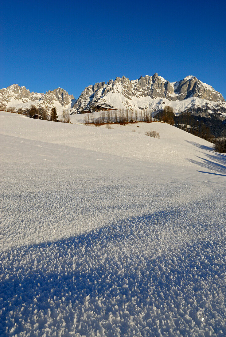 snow with hoar frost in front of south faces of Wilder Kaiser range with farm house, Wilder Kaiser range, Kaisergebirge, Tyrol, Austria