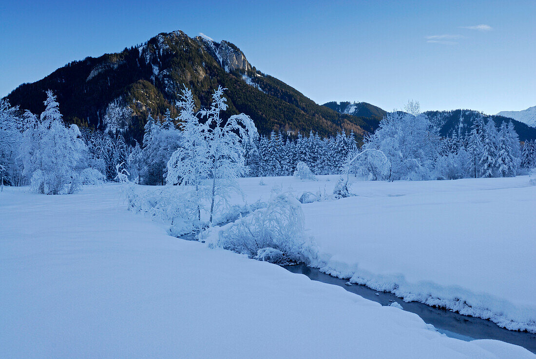 Stream passing Weitmoos, mountains Laber and Ettaler Manndl, Ammergau Alps, Bavaria, Germany