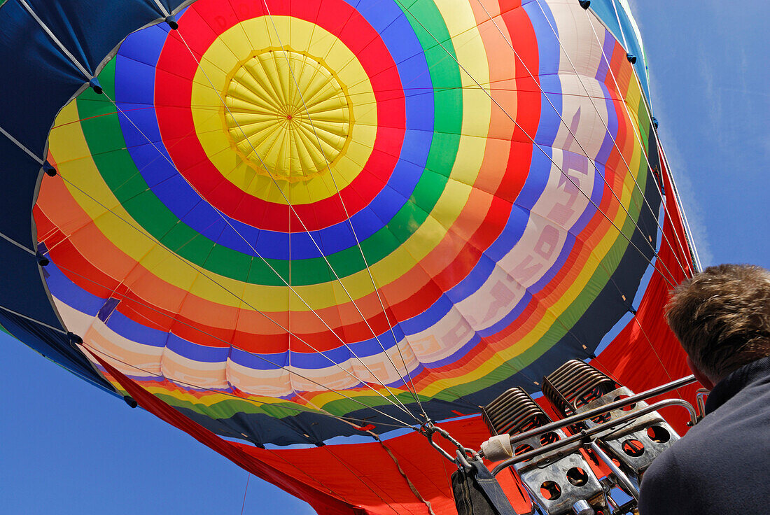 Take-off of hot-air balloon, Bad Wiessee at lake Tegernsee, Bavaria, Germany