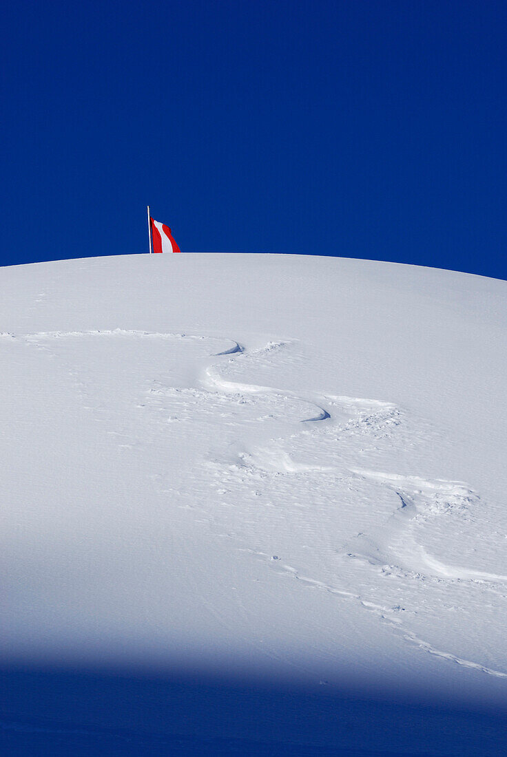 Skispur im Schnee, Österreichische Fahne im Hintergrund, Kleinwalsertal, Allgäuer Alpen, Vorarlberg, Österreich