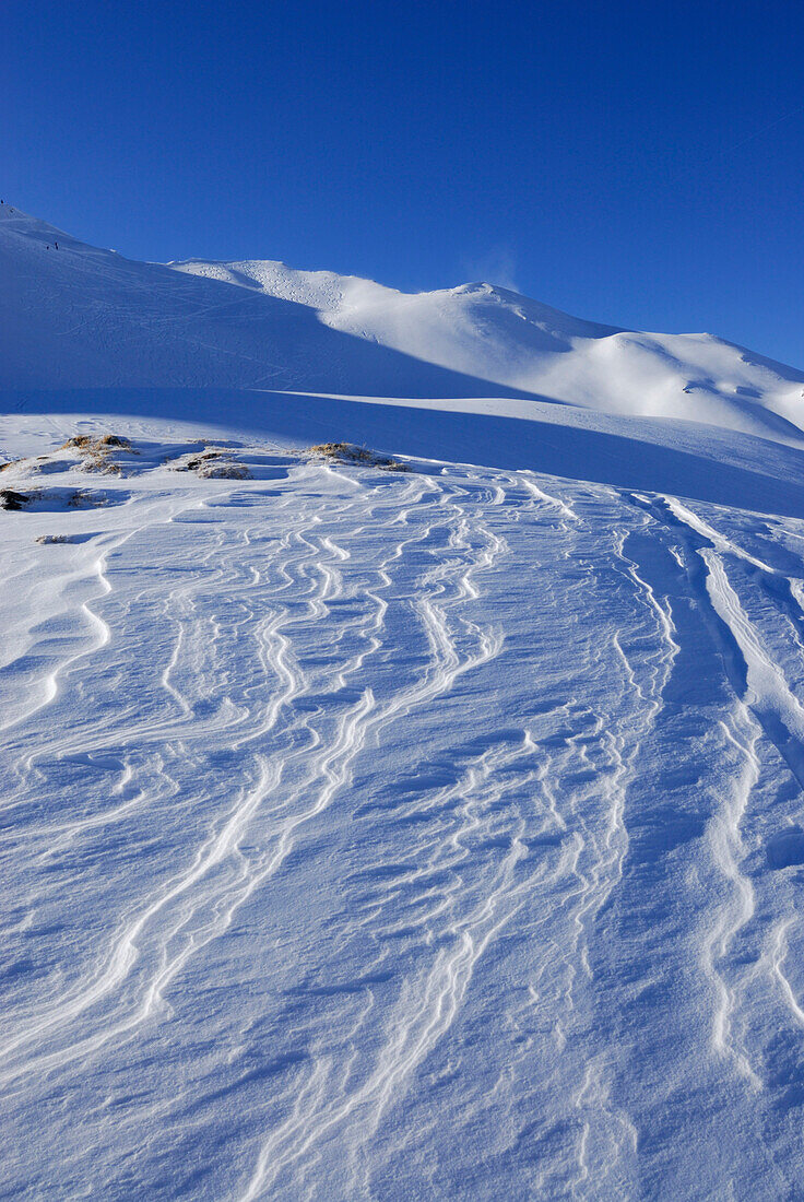 Windgangeln im Schnee unter dem Hehlekopf (Hählekopf), Schwarzwassertal, Kleinwalsertal, Allgäuer Alpen, Allgäu, Vorarlberg, Österreich
