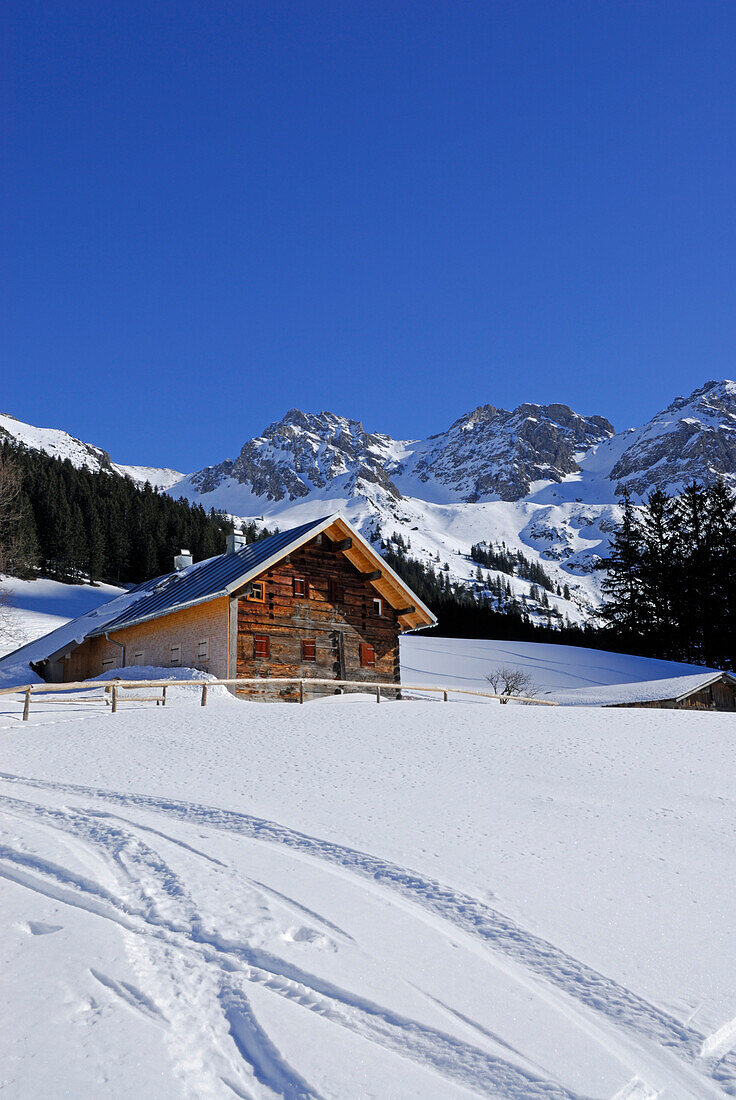 Almhütte vor den Schafalpenköpfen, Wiesalpe, Kleinwalsertal, Allgäuer Alpen, Allgäu, Vorarlberg, Österreich