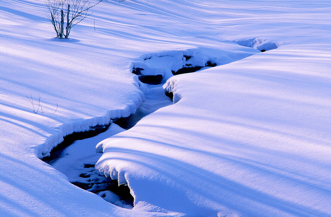 Evening shadows on snow with creek in late winter. Sudbury. Ontario. Canada