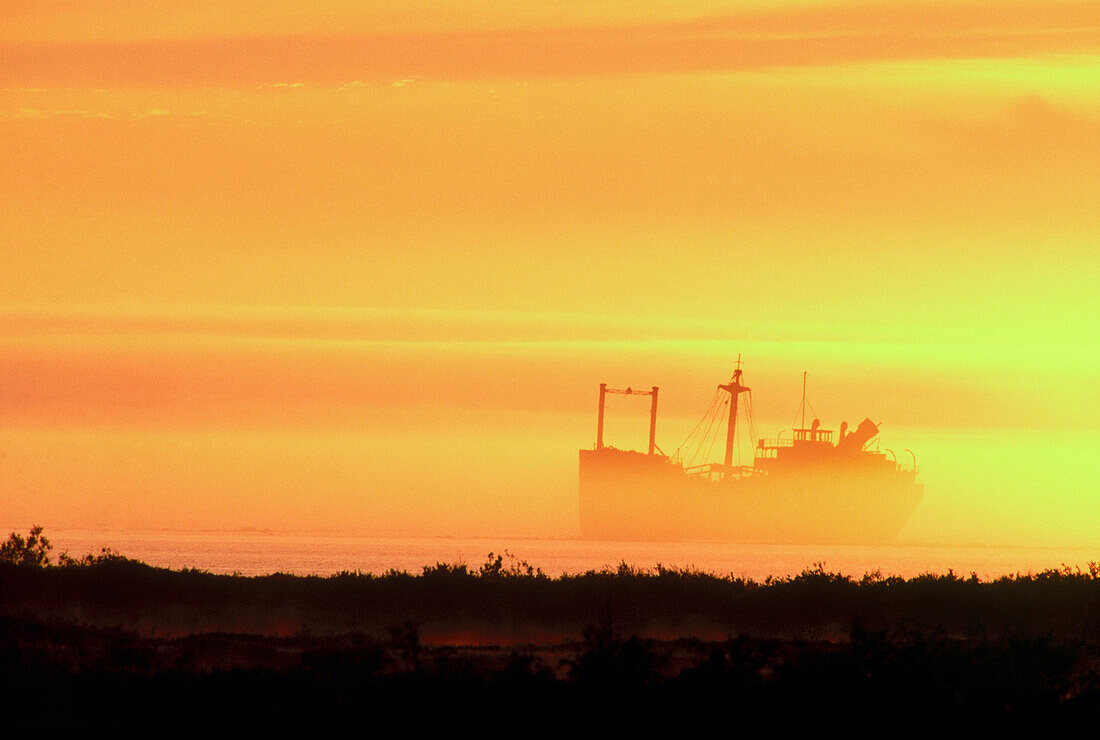 Delerict freighter: Greek freighter (Ithaca) stranded on Hudson Bay rocks in sunset fog. Churchill. Manitoba, Canada