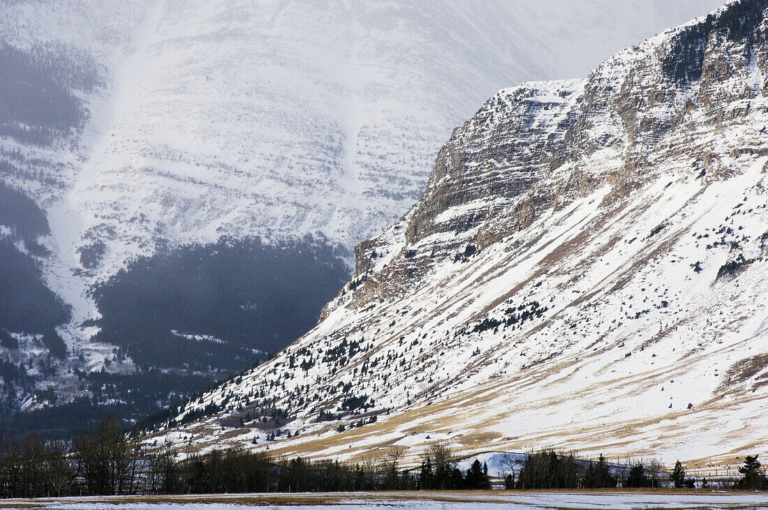 Front Range peaks with fresh snow. Waterton Lakes National Park, Alberta, Canada 