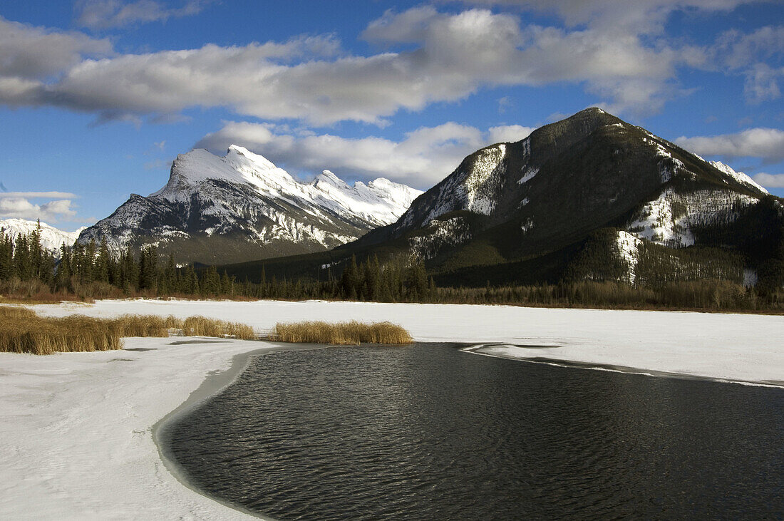 Open water of Vermilion Lakes with Mt. Rundle. Banff National Park, Alberta, Canada 