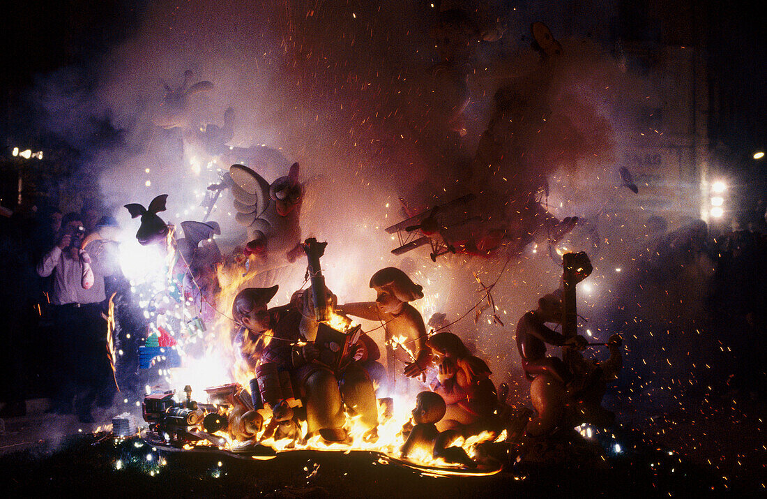 Fallas, festive bonfires on the night of St. Joseph. Valencia. Spain