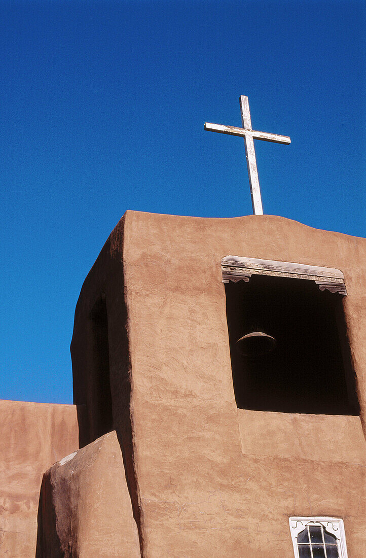 Adobe chapel built by Tlaxcala Indians. Oldest Mission Church in the USA. Santa Fe. New Mexico. USA. 