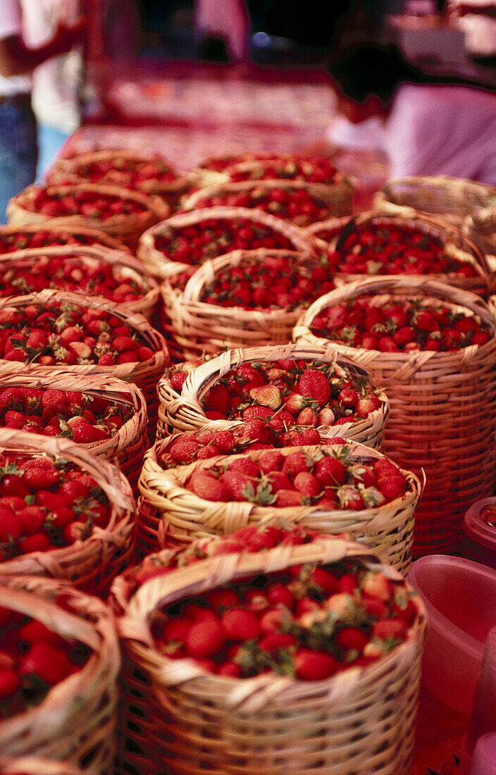 Baskets of strawberries. Open air market. San Miguel de Allende. Mexico. 