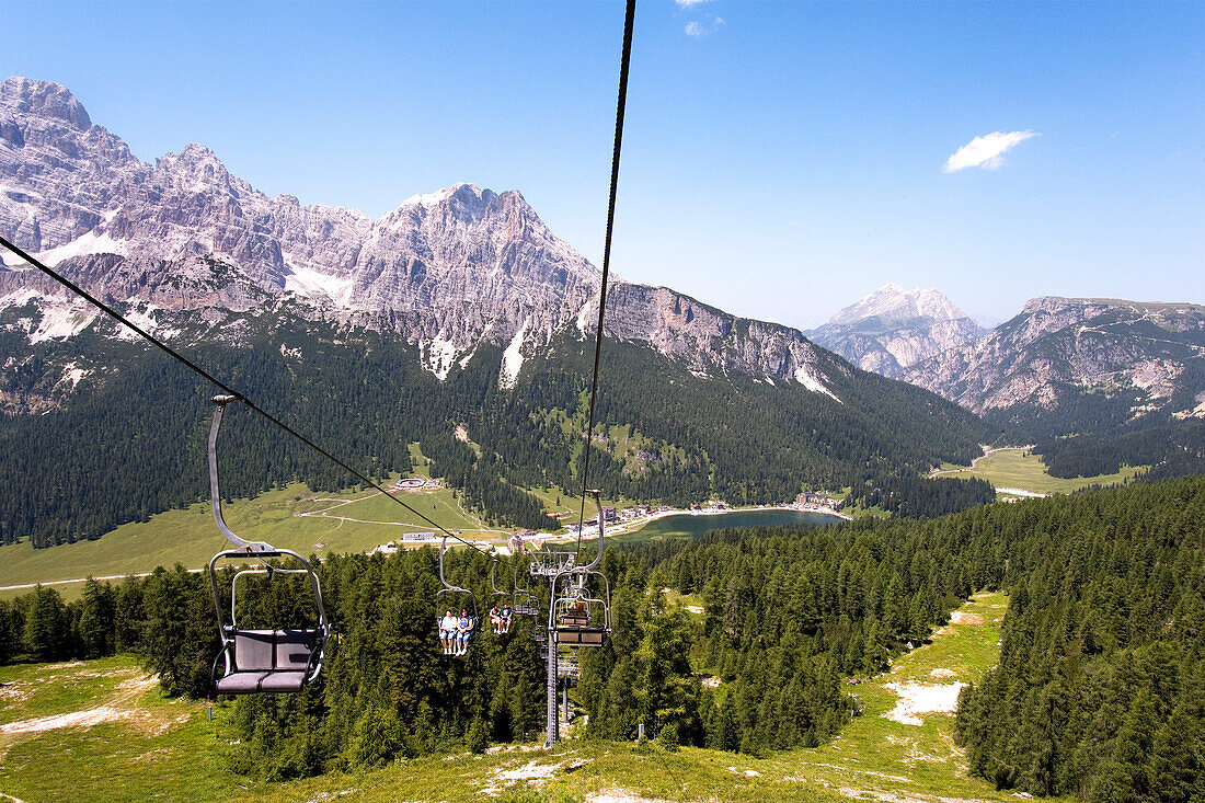 View from Col de Varda to Lake Misurina, Dolomites, Veneto, Italy