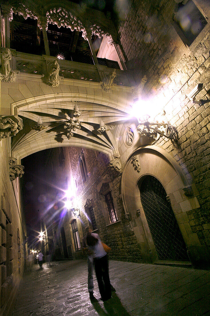 Carrer Bisbe at night, Barrio Gotic, Barcelona, Catalonia, Spain