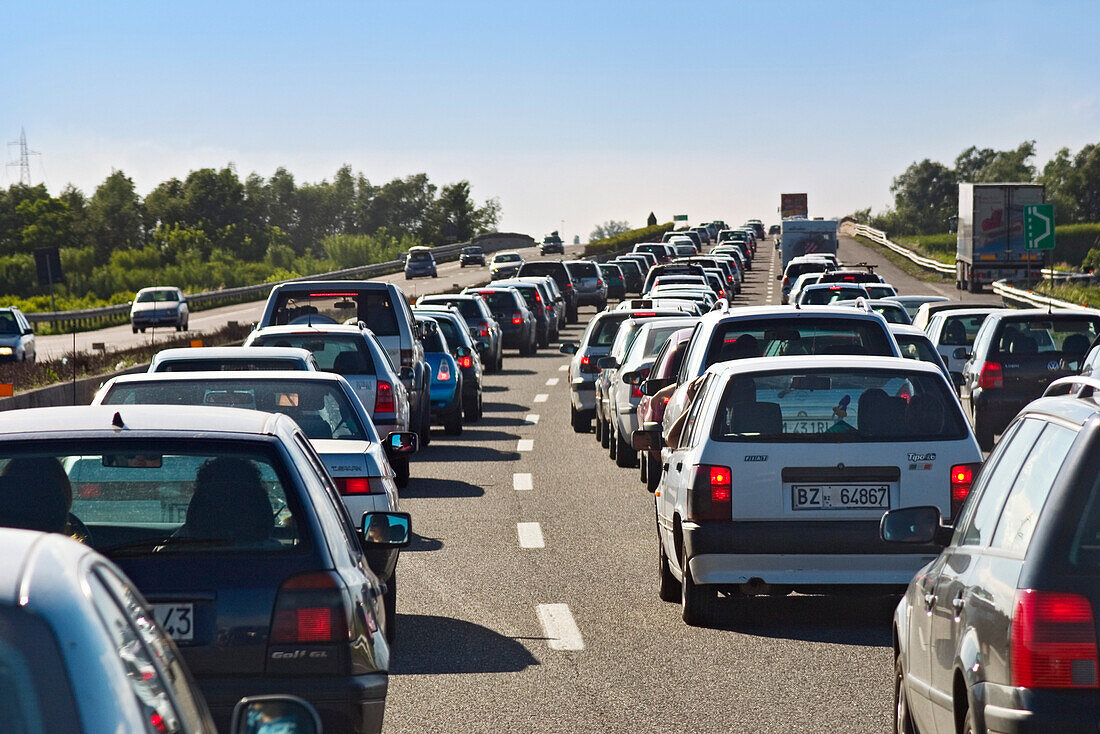 Stop and go traffic on an italian highway, motorway, holiday traffic, traffic jam, holiday, Italy