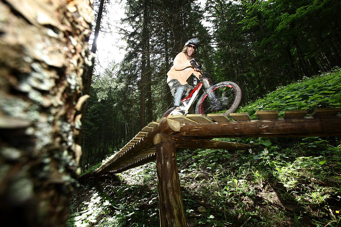Mountainbiker fährt über eine Rampe im Wald, Oberammergau, Bayern, Deutschland