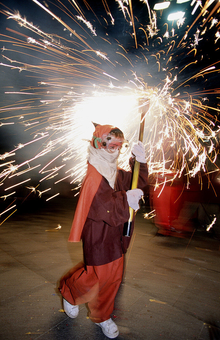 Correfoc or little devils during La Merce Festival. Barcelona. Catalonia. Spain.