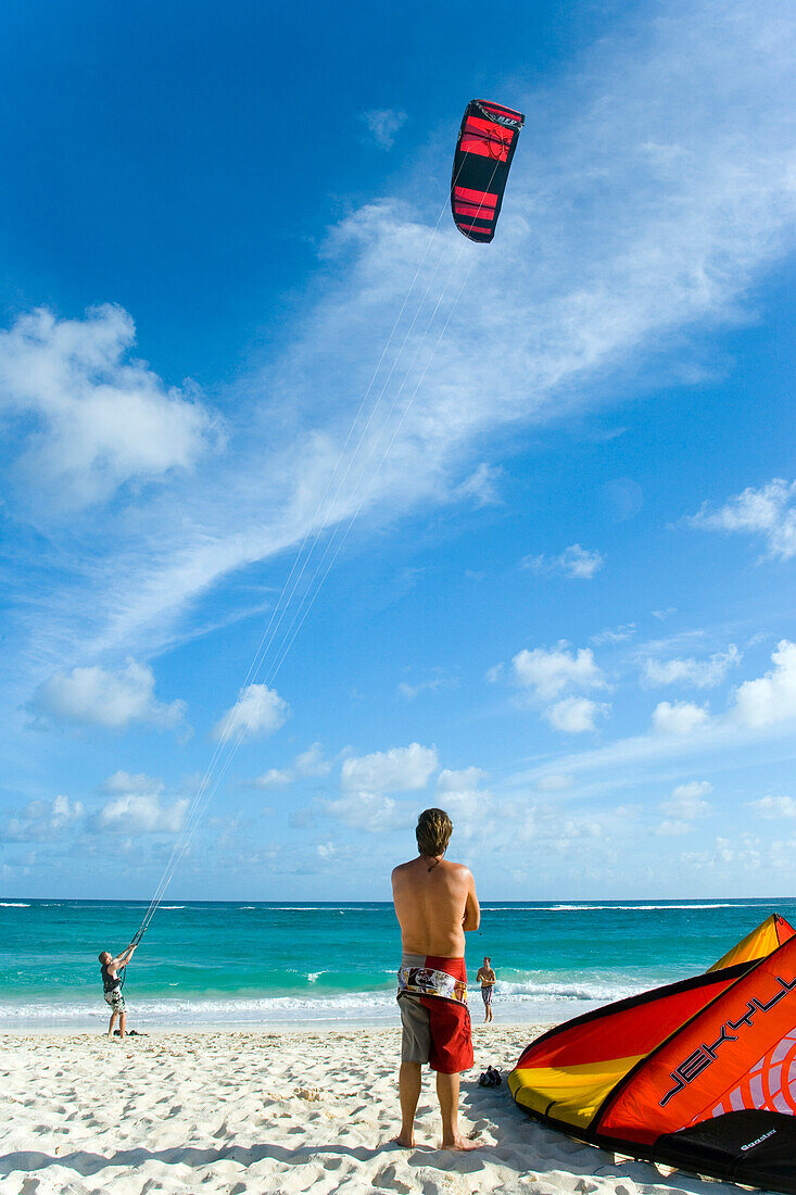 Kite surfers at beach, Barbados, Caribbean