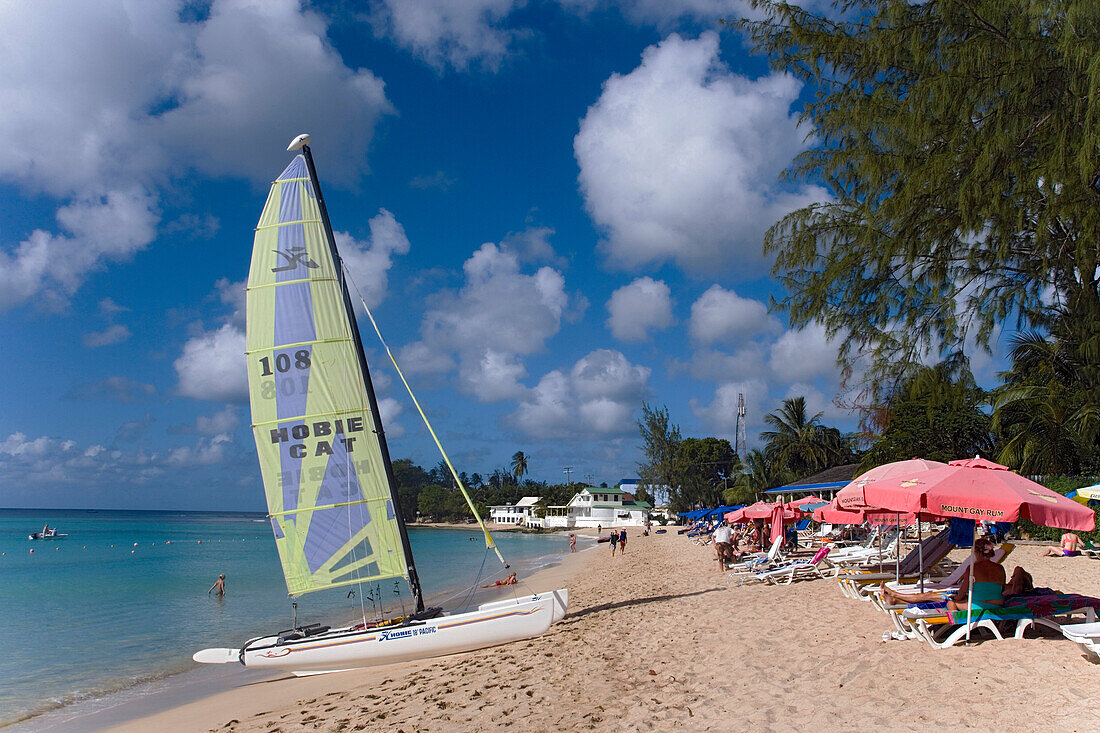 Catamaran at beach, Mullins Bay, Speightstown, Barbados, Caribbean